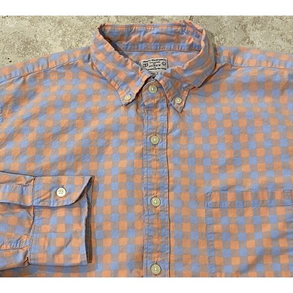 J.CREW Men's Orange Blue Plaid Checkered Button Up Shirt L Large EUC Cotton WOW - Picture 1 of 2